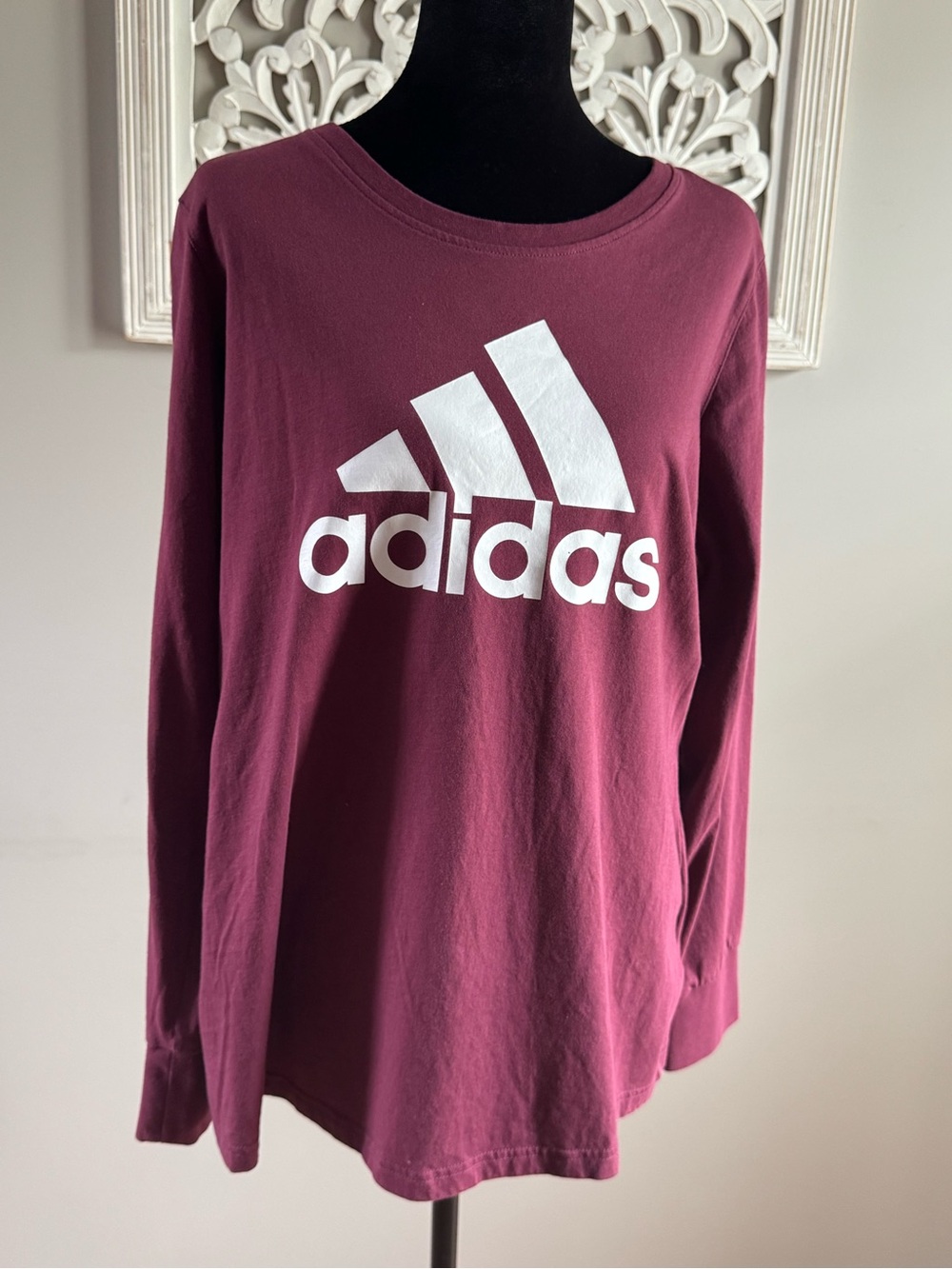 adidas Maroon Long-Sleeve Logo Tee with White Print